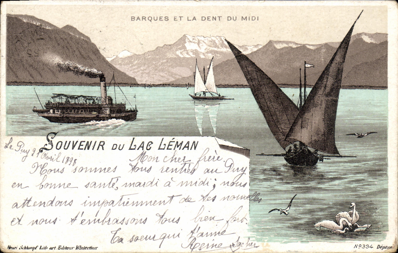 Barques et la Dent du Midi — Souvenir du Lac Léman — Heuzi Schlumpf, Lith. art. Winterthur, N°9334
