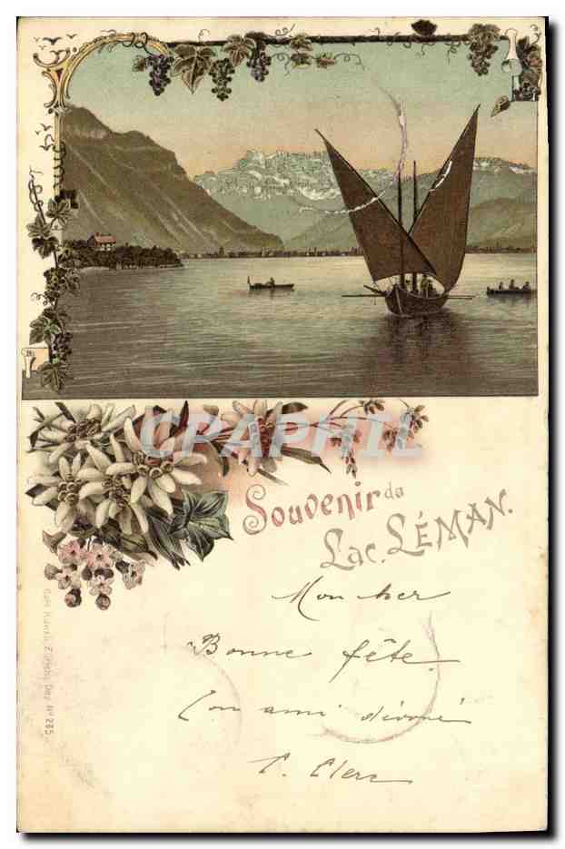 CPA Bateau Suisse Lac leman Fleurs carte 1898 rare