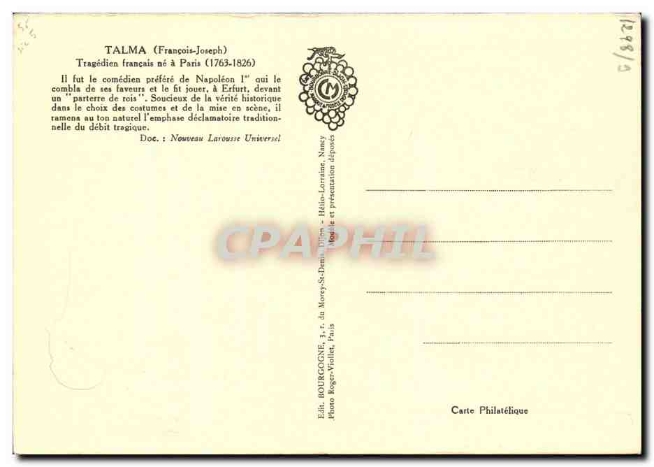 Carte maximum Talma Tragedien Theatre ne a Paris 1763 1826 — Back