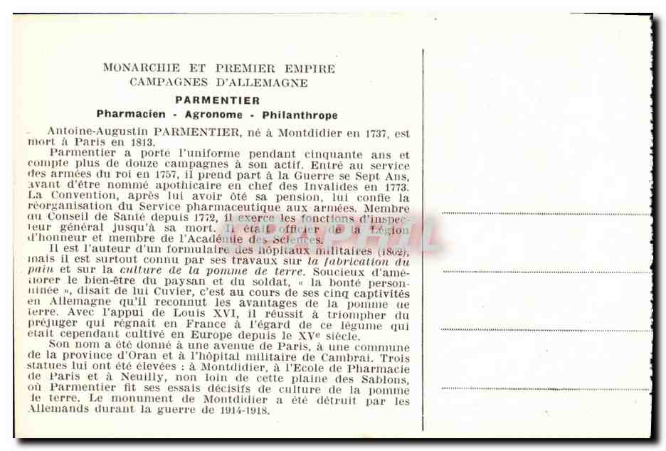 CPA Antoine Augustin Parmentier 1737 1813 pharmacien Agronome Philanthrope — Rückseite