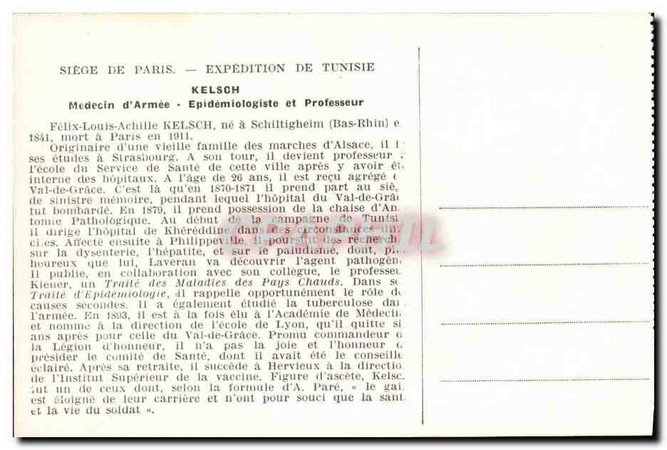 CPA Felix Louis Achille Kelsch 1841 1911 Medecin d armee Epidomiologiste  — Rückseite