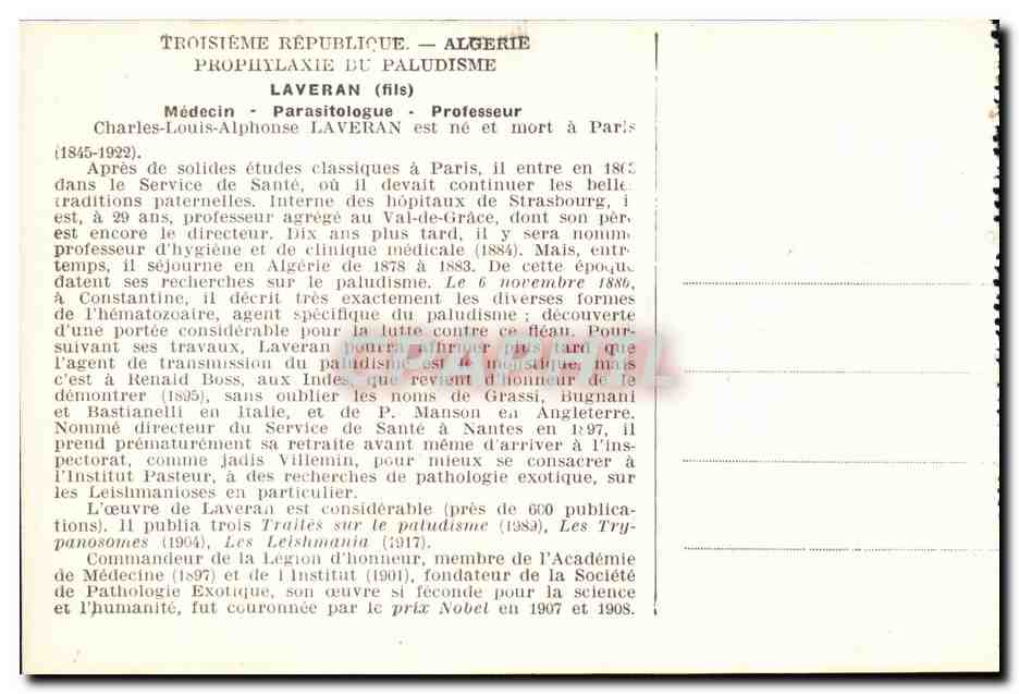 CPA Charles Louis Alphonse Laveran 1845 1922 Medecin Parasitologue  — Rückseite