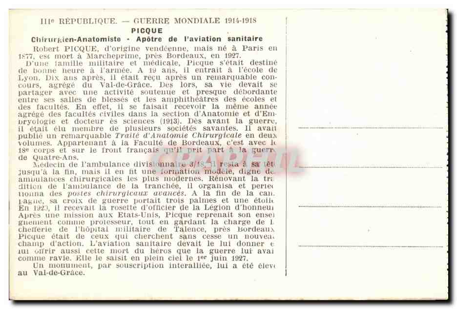 CPA Robert Picque 1877 1927 Chirurgien Anatomiste Apotre de l aviation sanitaire  — Rückseite