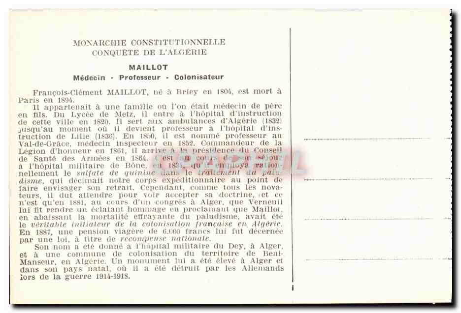 CPA Francois Clement Maillot 1804 1894 Medecin Colonisateur — Rückseite