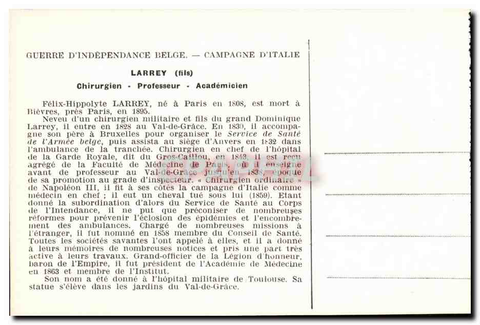 CPA Felix Hippolyte Larrey 1808 1895 Chirurgien Academicien — Rückseite