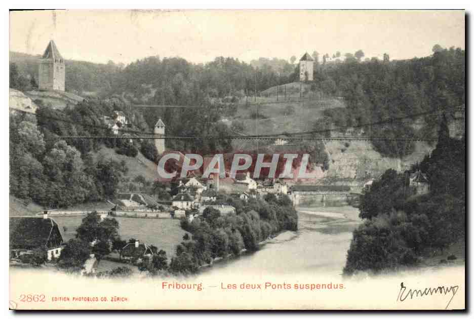 CPA Suisse Fribourg Les deux ponts suspendus 