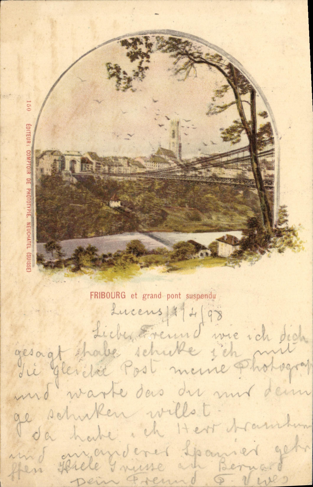 CPA Suisse Fribourg et le grand pont suspendu Carte 1899