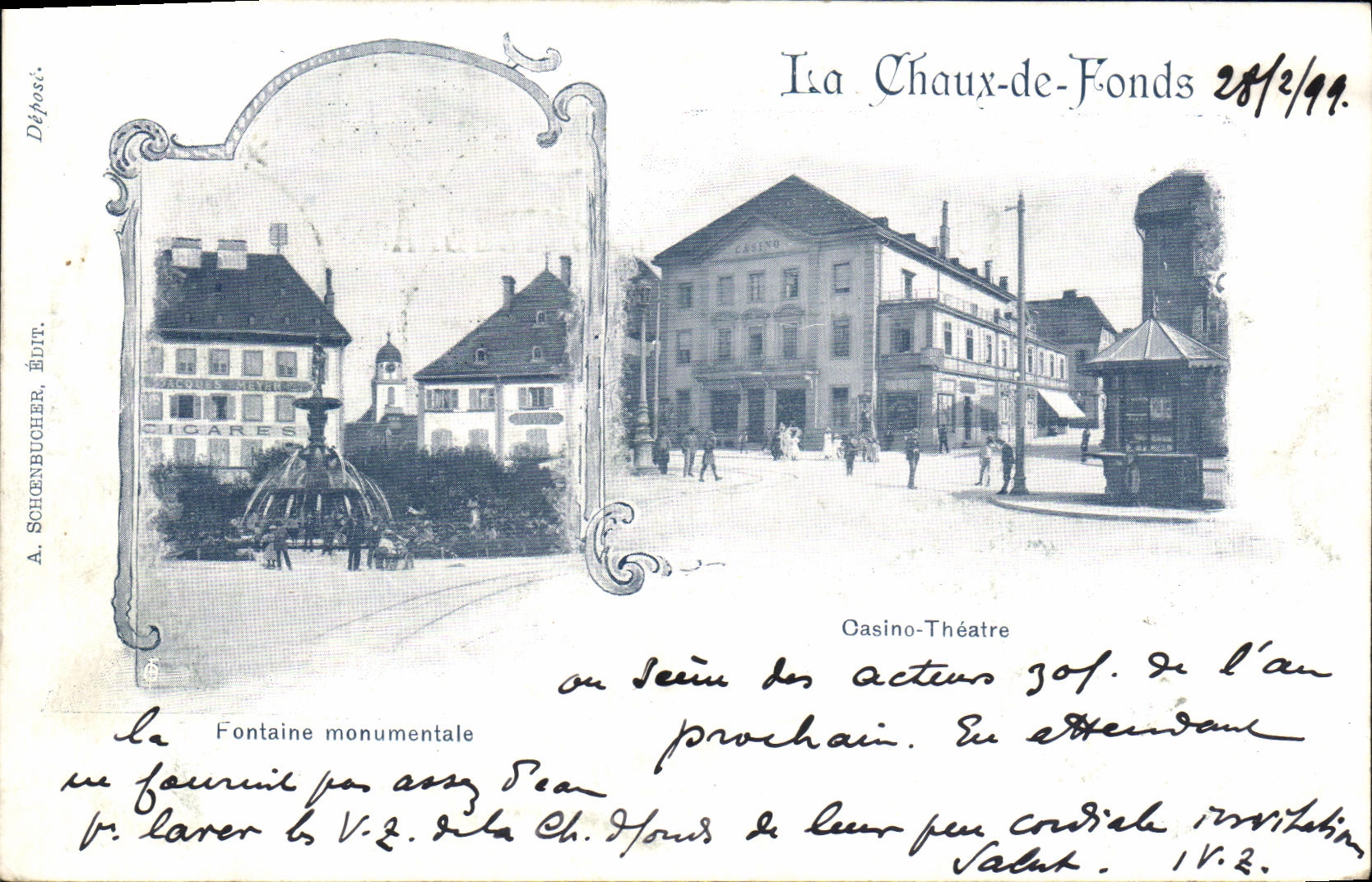 CPA Suisse La Chaux de Fonds Casino Theatre Fontaine monumentale Carte 1899
