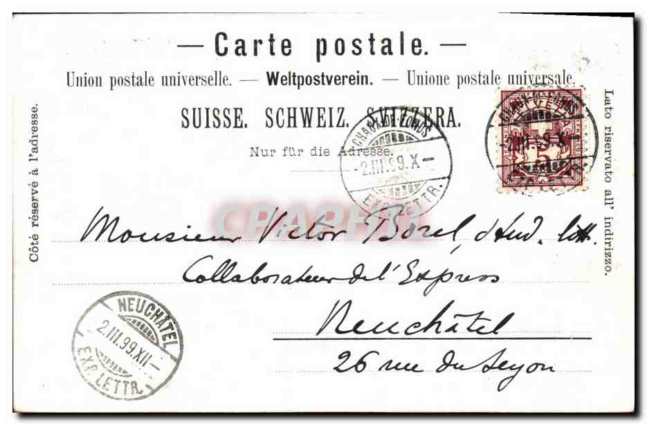 CPA Suisse La Chaux de Fonds Casino Theatre Fontaine monumentale Carte 1899 — Rückseite