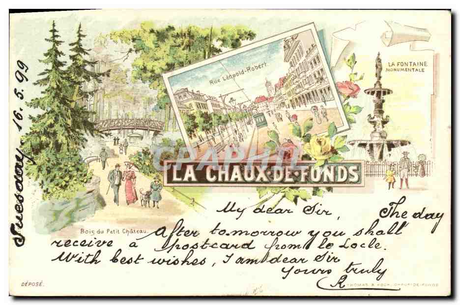 CPA Suisse La Chaux de Fonds Bois du petit chateau Fontaine monumentale Rue leopold Robert CArte 1899