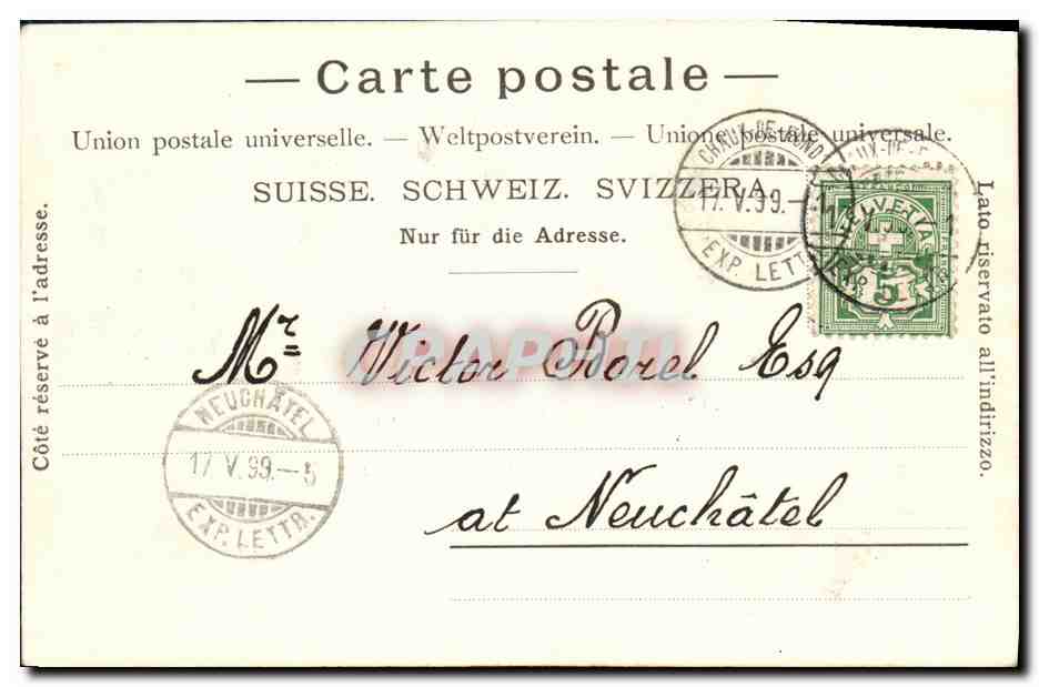CPA Suisse La Chaux de Fonds Bois du petit chateau Fontaine monumentale Rue leopold Robert CArte 1899 — Rückseite