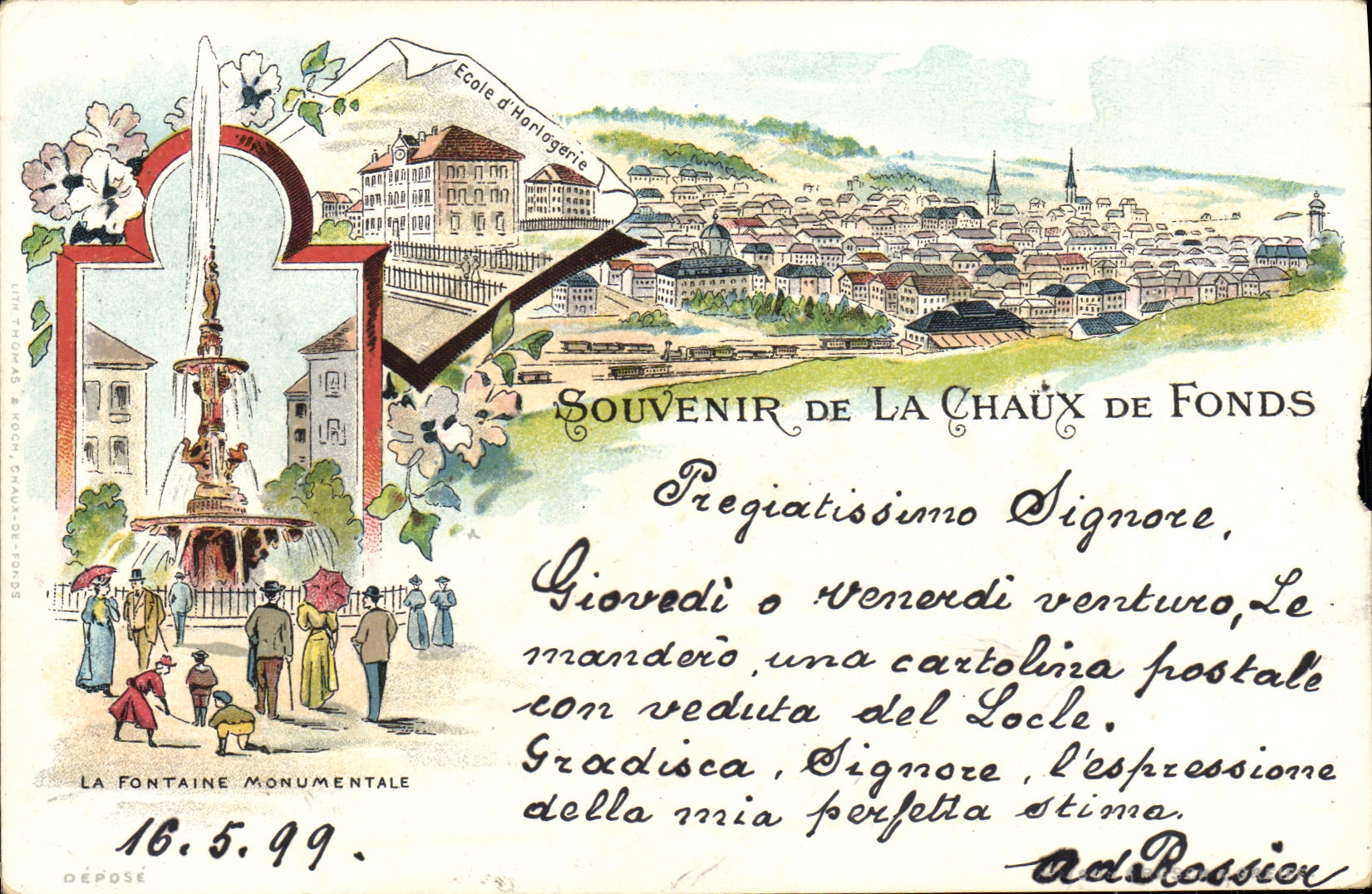CPA Suisse La Chaux de Fonds Fontaine monumentale Ecole d horlogerie Carte 1899