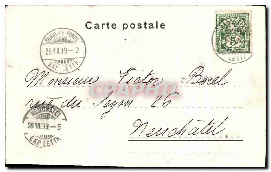 CPA Suisse La Chaux de Fonds Nouvel Hotel de la banque federale Carte 1899 — Rückseite