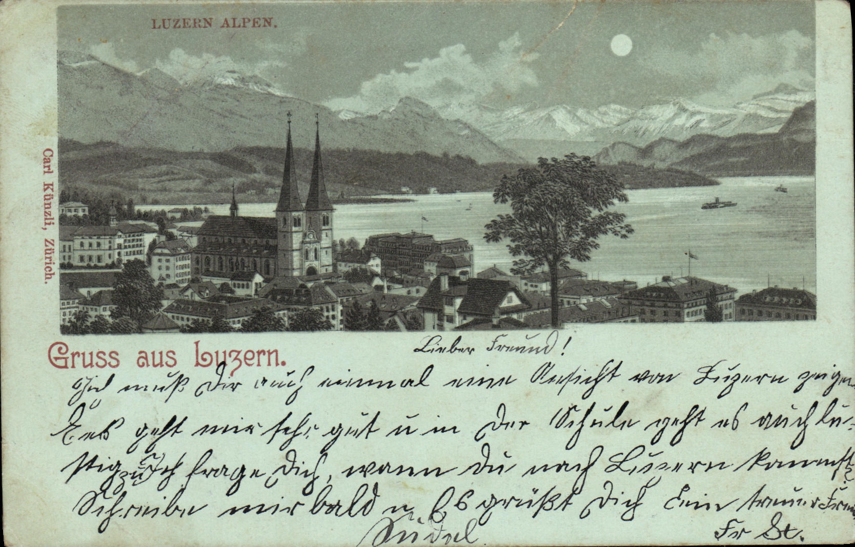 Luzern Alpen — vue de la ville et du lac avec église — éditeur Carl Knuzh, Zurich