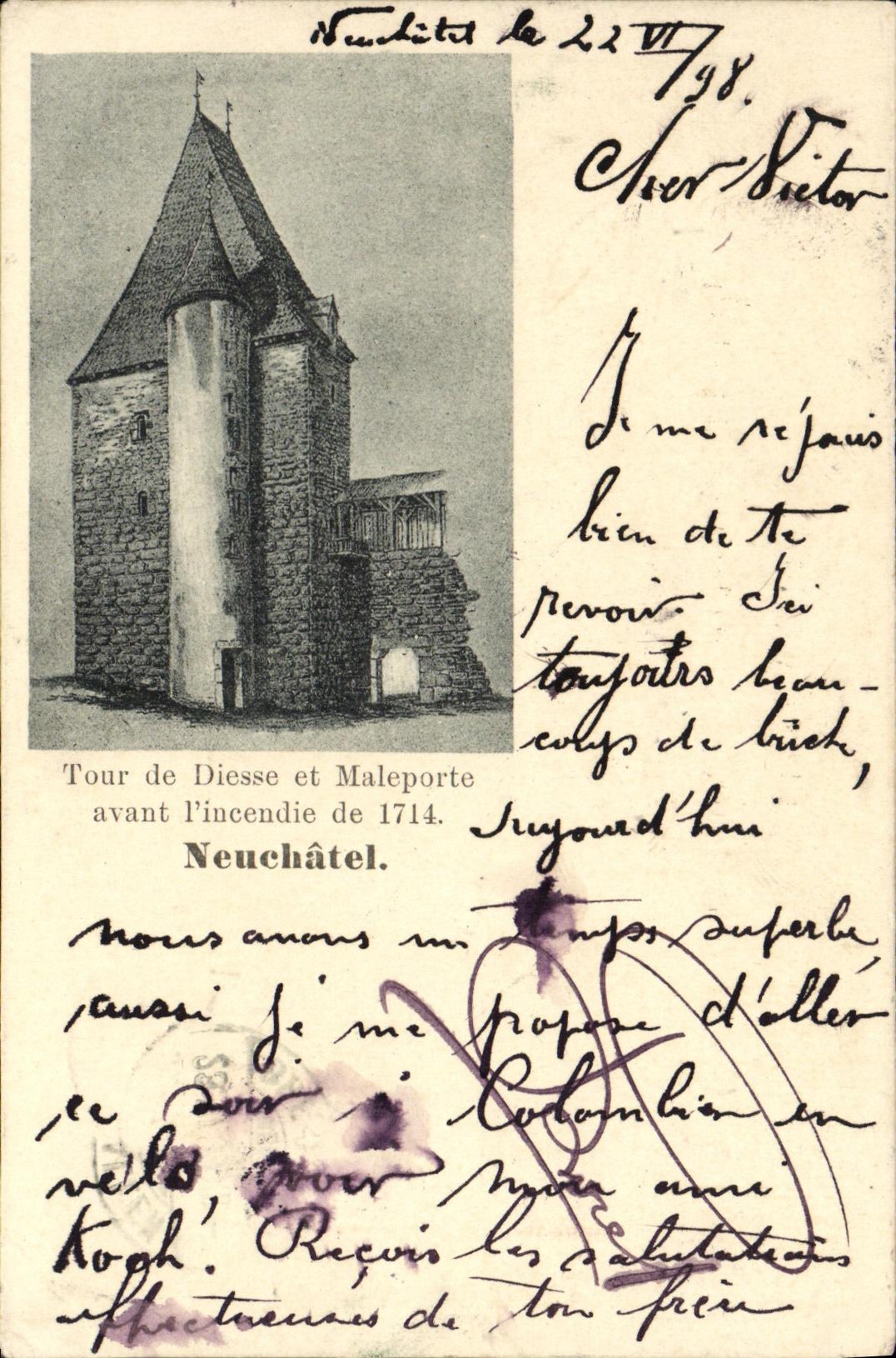 CPA Suisse Neuchatel Tour de Diesse et Maleporte avant l incendie de 1714 CArte 1898