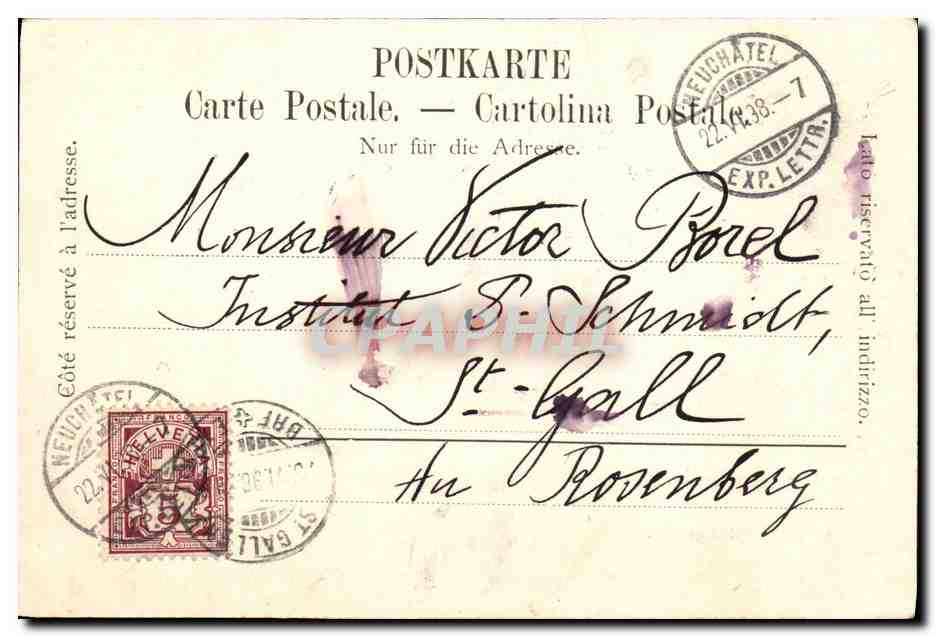 CPA Suisse Neuchatel Tour aux chiens demolie en 1790 Ancien hotel de ville avec le pont des Boucheries Carte 1898 — Verso