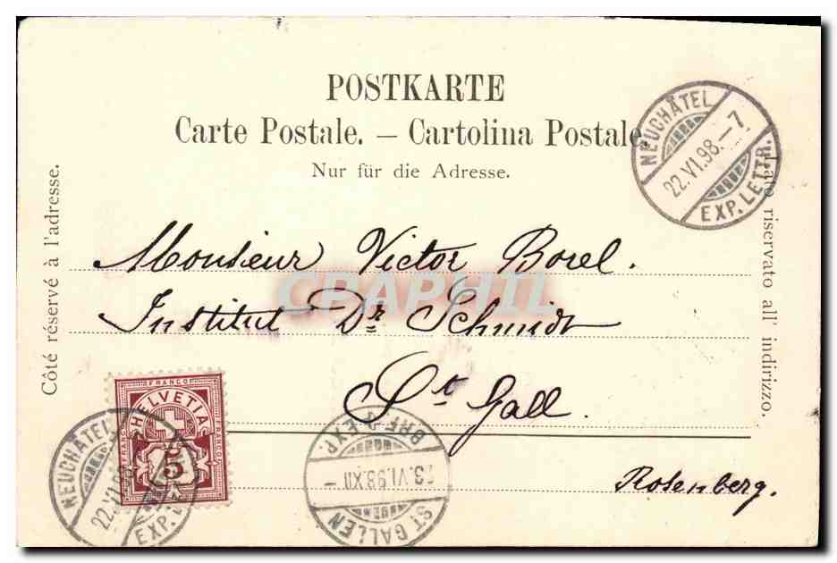 CPA Suisse Neuchatel Le pont de la Poste par Grisel 1844 Carrte 1898 — Rückseite