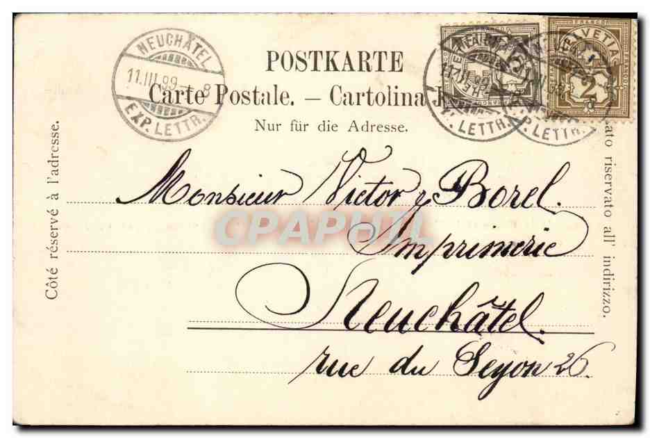 CPA Suisse Neuchatel Pont de la poste et le pont neuf en 1830 Place du marche contre le lac en 1790Carte 1899 — Rückseite