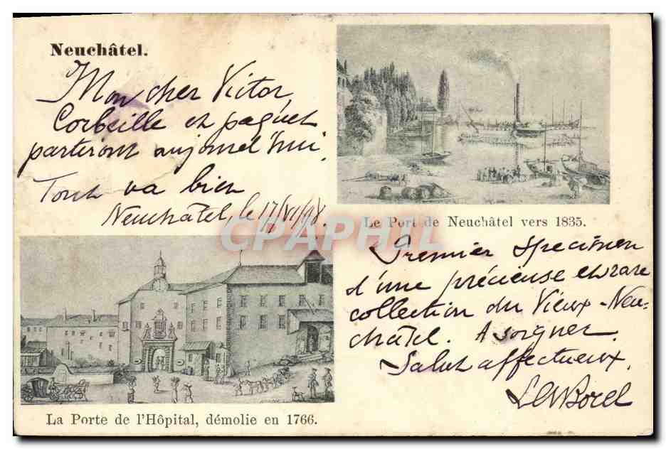 CPA Suisse Neuchatel Le port vers 1835 La porte de l hopital demolie en 1766 Carte 1898