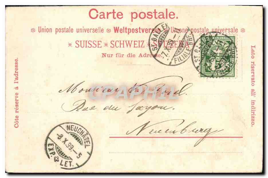 CPA Suisse Gruss aus St Gallen Carte 1899 — Rückseite