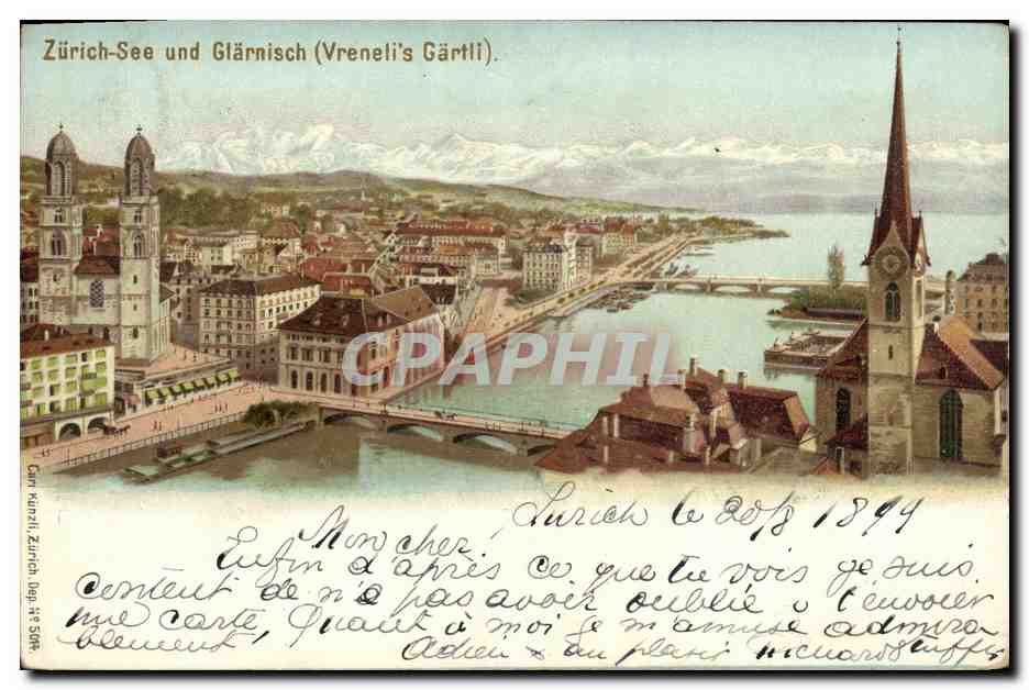 Zurich-See und Glärnisch (Vreneli's Gärtli) — vue panoramique — éditeur G. Kurzli, Zurich