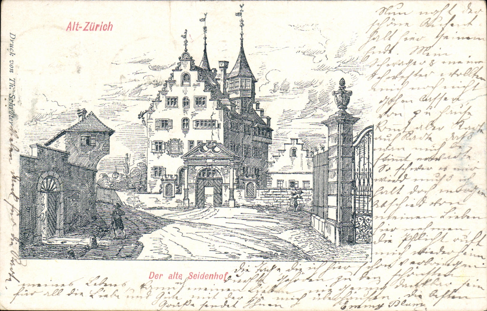 Alt-Zürich — Der alte Seidenhof — Druck von Th. Schäfer