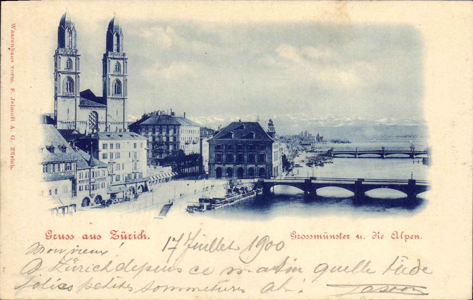Zurich — Grossmünster et les Alpes — Warenhaus vorm. F. Jelmolf A. G. Zürich, n° de série 14