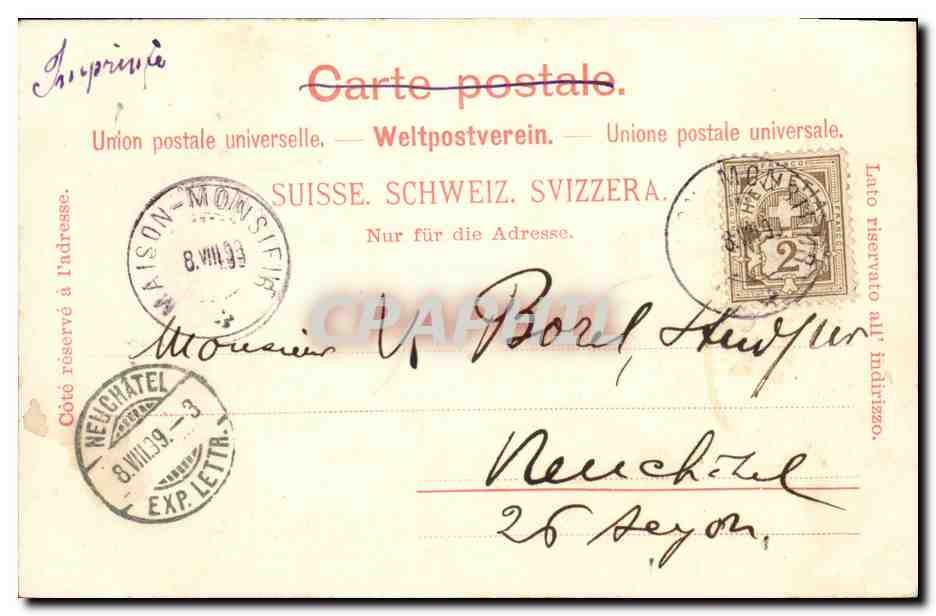 CPA Suisse Le bassin du Doubs Carte 1899 — Rückseite