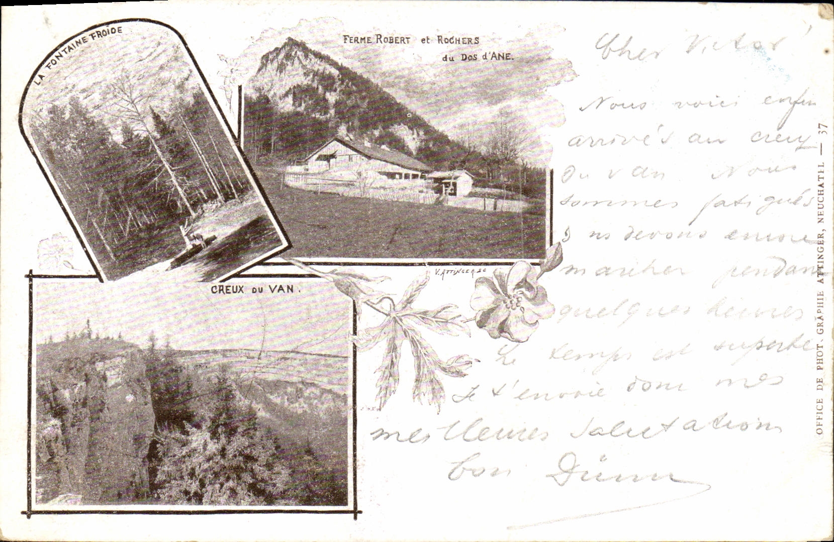 CPA Suisse Creux du Van La fontaine froide Ferme Robert et rochers du dos d ane Carte 1899