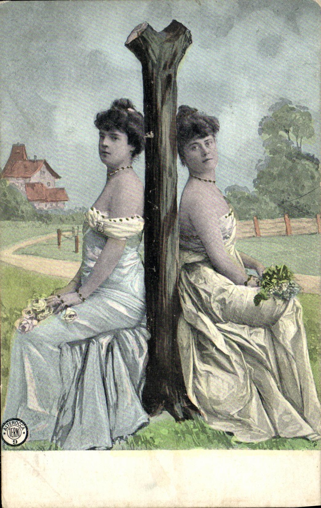 Deux jeunes femmes assises de dos à un tronc d'arbre — illustration — éditeur Atherocca Cernu, n°3