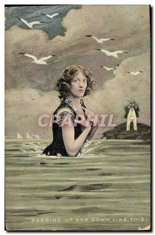 Mujer nadando en el mar — con gaviotas — editor 'National' serie 151093
