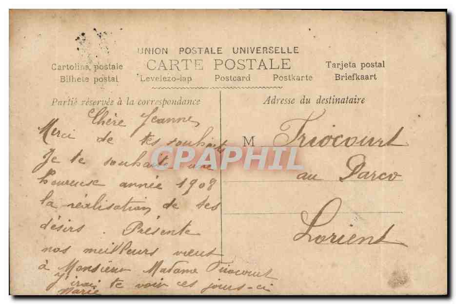 Jeune femme en robe blanche — avec bouquet et guirlandes — éditeur UDD n°307 — Verso