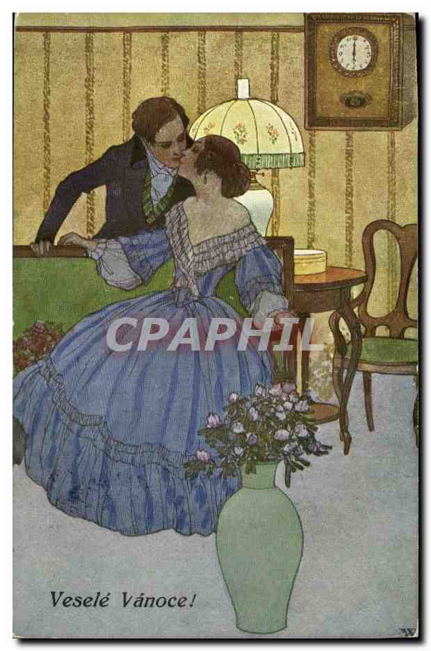 Couple en tenue d'époque — scène intime — texte 'Veselé Vánoce!'