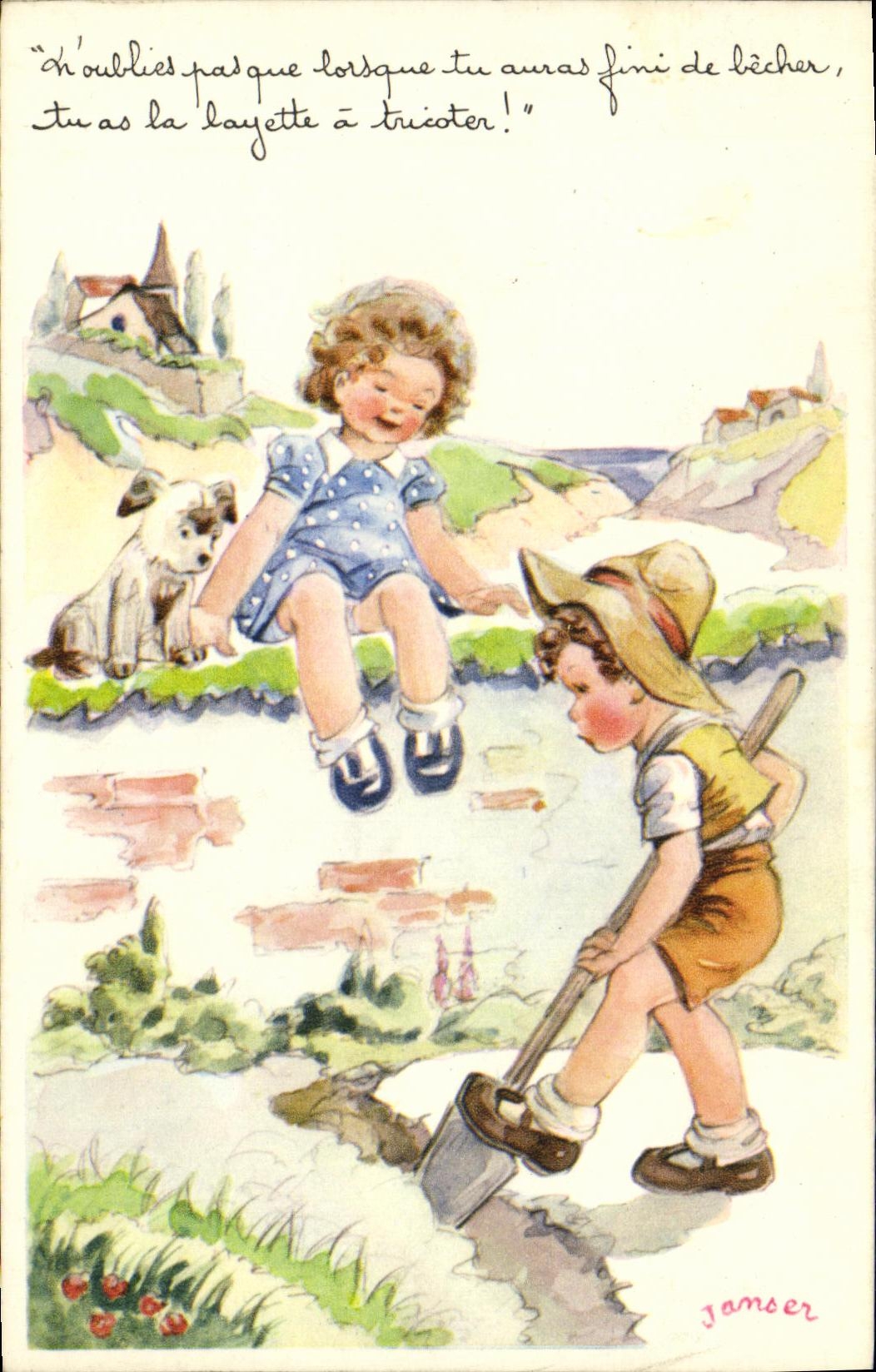 CPA Fantaisie Enfants Chien Jardinage 