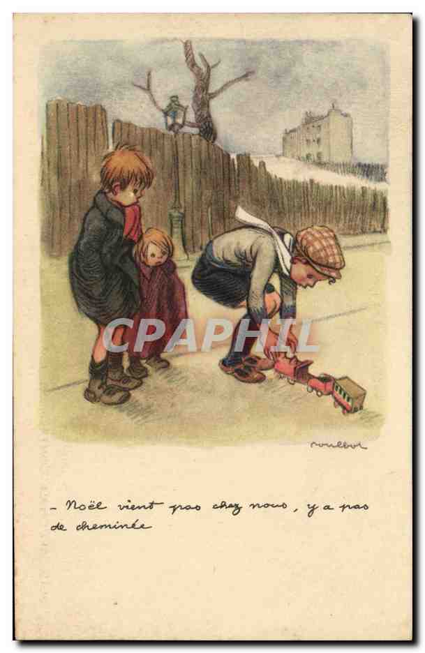 Niños jugando con un tren — escena invernal — editor R. Poullebur, número de serie no visible
