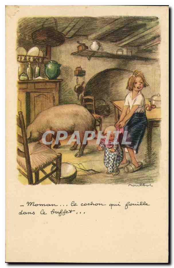 CPA Fantaisie Enfants Illustrateur Poulbot Maman le cochon qui fouille dans le buffet 