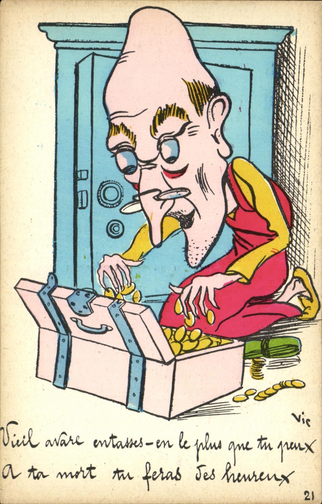 Vieil avare — caricature d'un vieil homme avare devant un coffre-fort — éditeur Vic, n°21