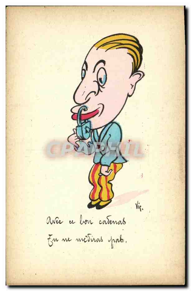 Caricature d'un homme avec un cadenas — dessin signé 'Vic.' — fabrication française 'E.R.' Paris