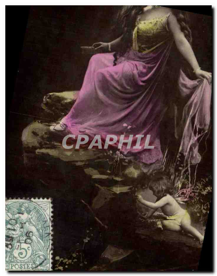 Mujer en vestido morado y niño — escena de río — editor: Union postale universelle, Berlín
