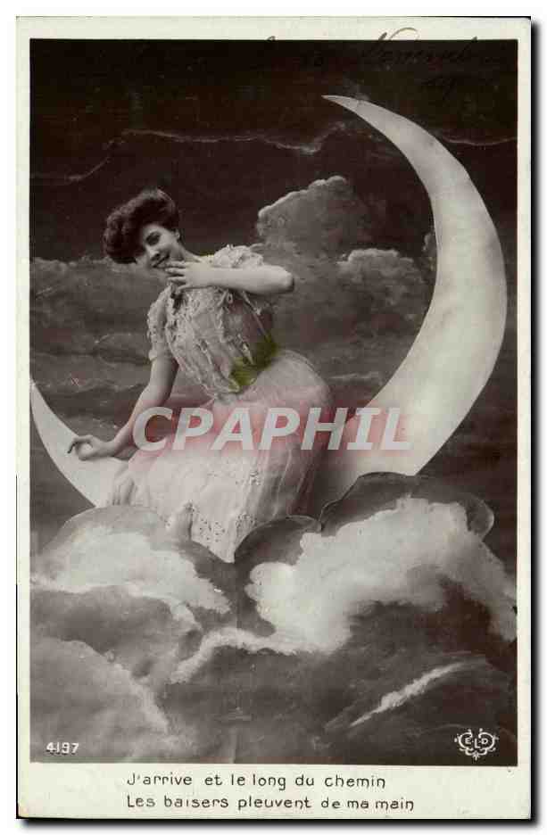 Femme assise sur croissant de lune — texte imprimé — éditeur ELD n° 4197