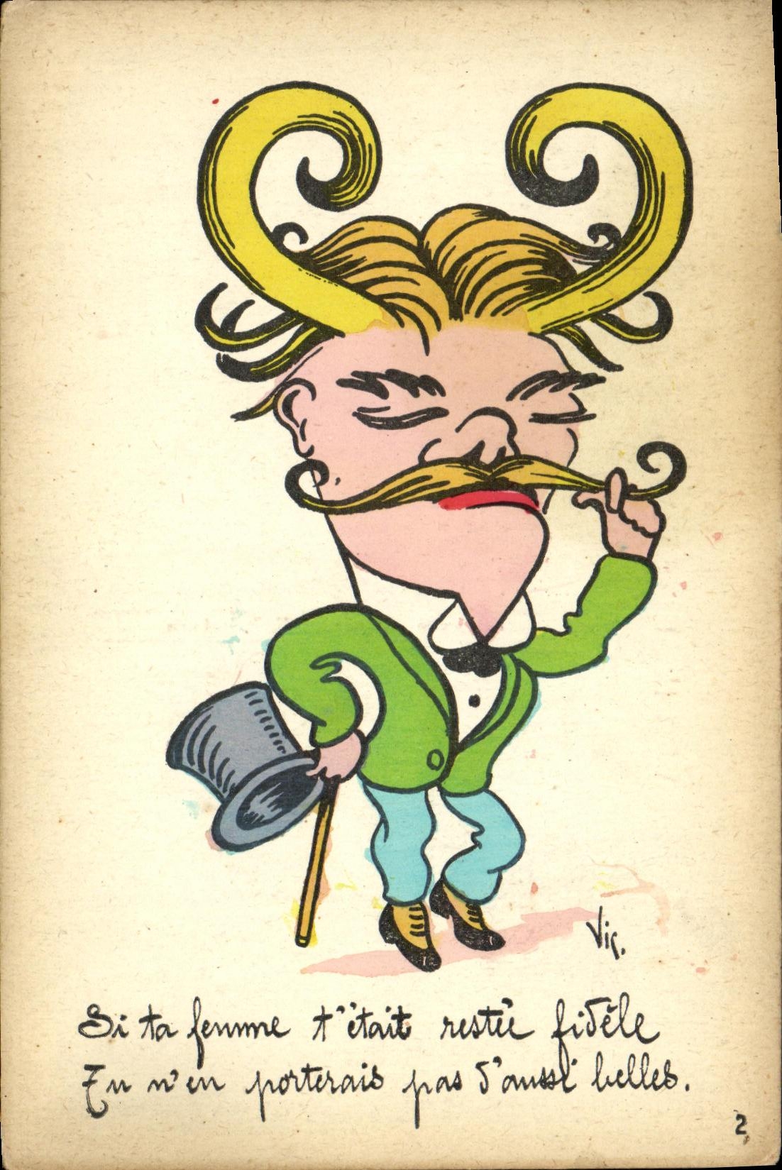 Caricature d'homme avec moustache et chapeau — texte humoristique — éditeur 'Fabricatoio Française "R. R." Paris'