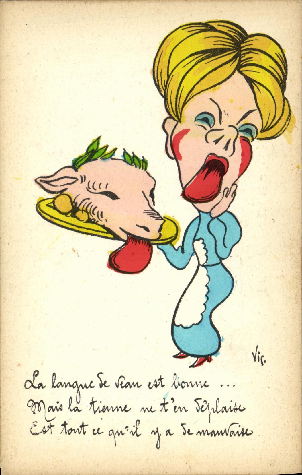 Caricature d'une femme et d'un cochon — dessin de Vic. — Éditeur E.R. Paris