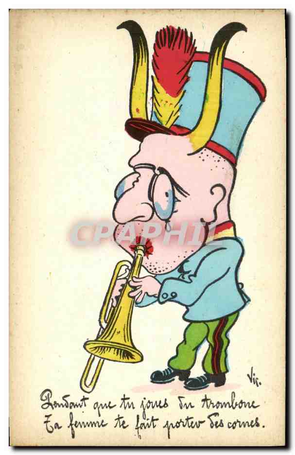 Homme en costume de clown jouant du trombone — caricature — Vis. (éditeur)