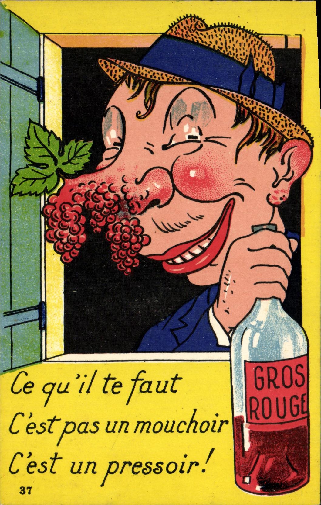 Homme avec moustache de raisins — publicité pour Gros Rouge — éditeur G.A. Nantes, série M