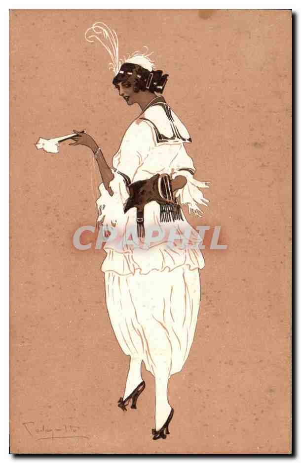 Mujer elegante en vestido de noche — estilo Art Déco — grabado firmado 'F. Paolay - 110'