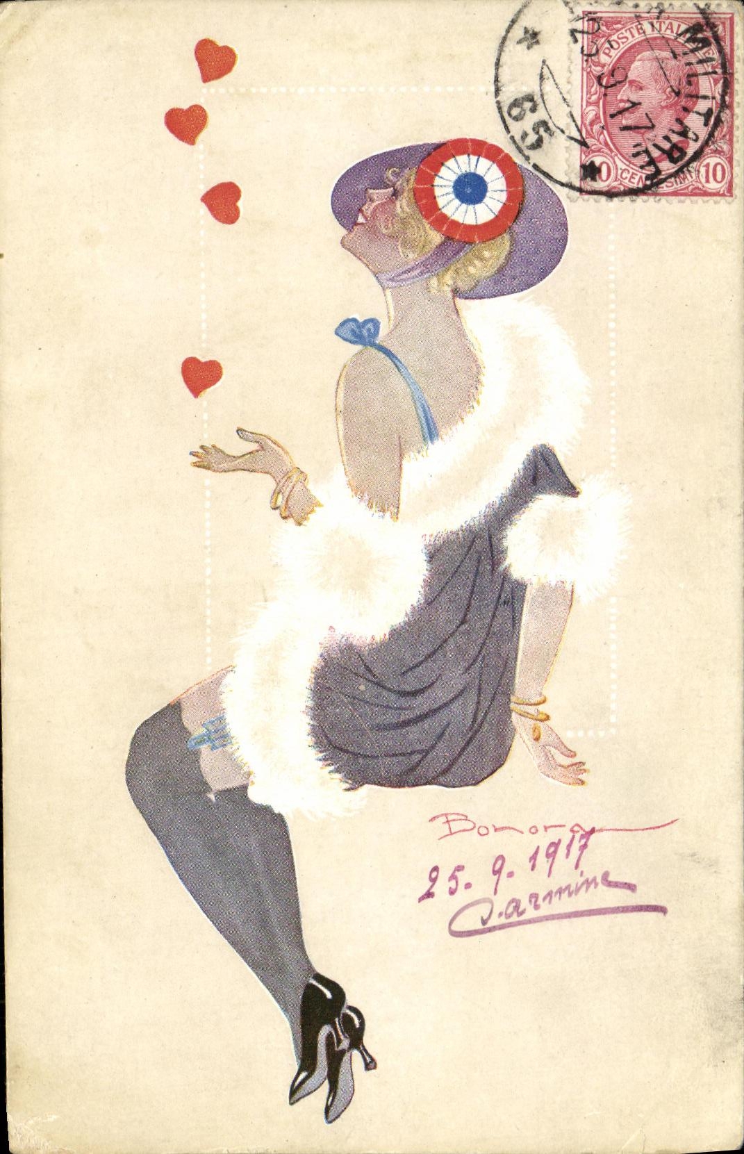 CPA Fantaisie Femme Cocarde Coeurs