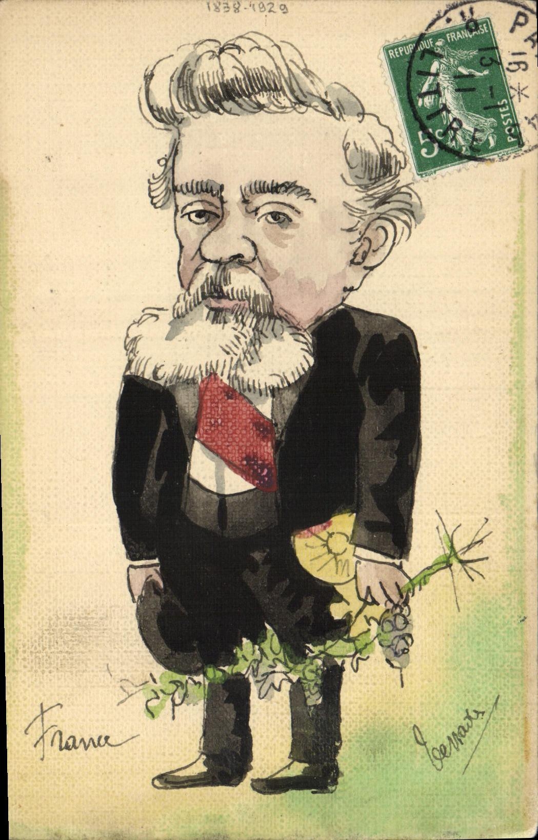 Caricature de France — personnage avec écusson et fleurs — éditeur Léonard