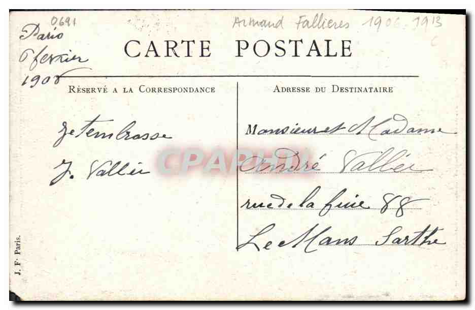 CPA Armand Fallieres President de la Republique Lion 17 janvier 1906 — Back