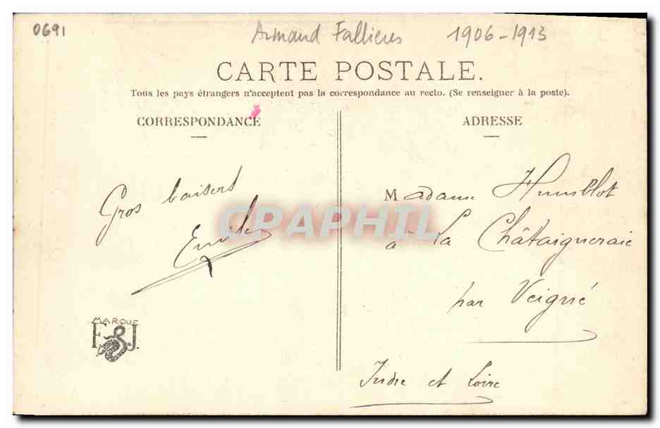 CPA President de la Republique Fallieres Marianne  — Back