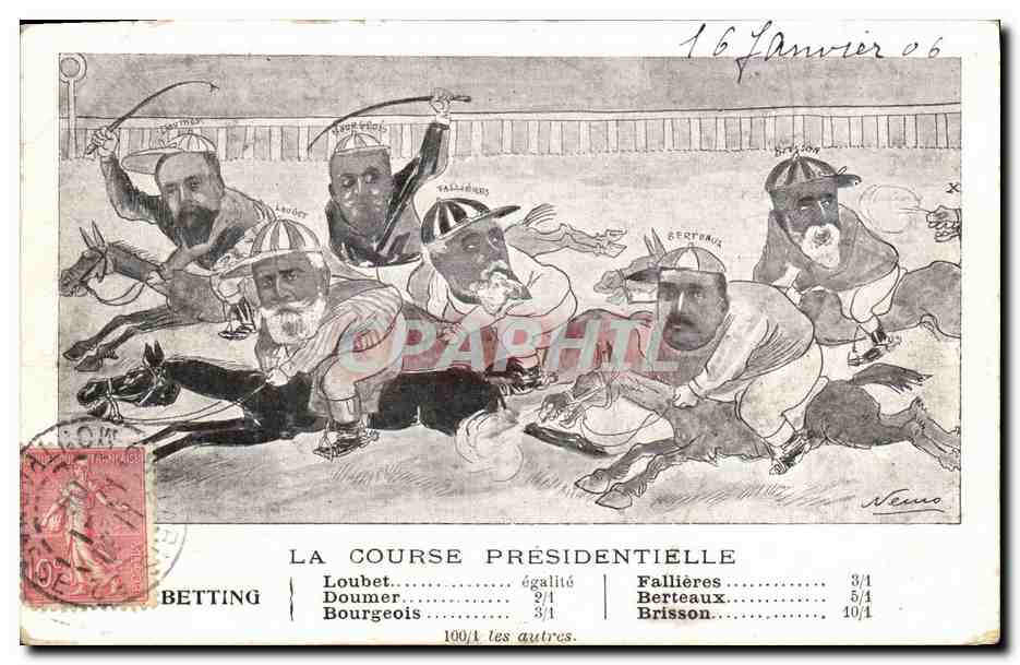 CPA La course presidentielle Loubet Doumer Bourgeois Chevaux Hippisme